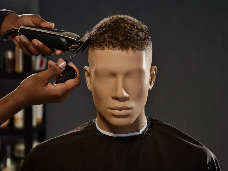 Tondeuse réalisant un dégradé fondu sur une tête d'étude de barbier